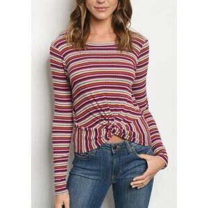 Ginger G Twist knot Ribbed knit Candy Striped Long sleeve Top NEW